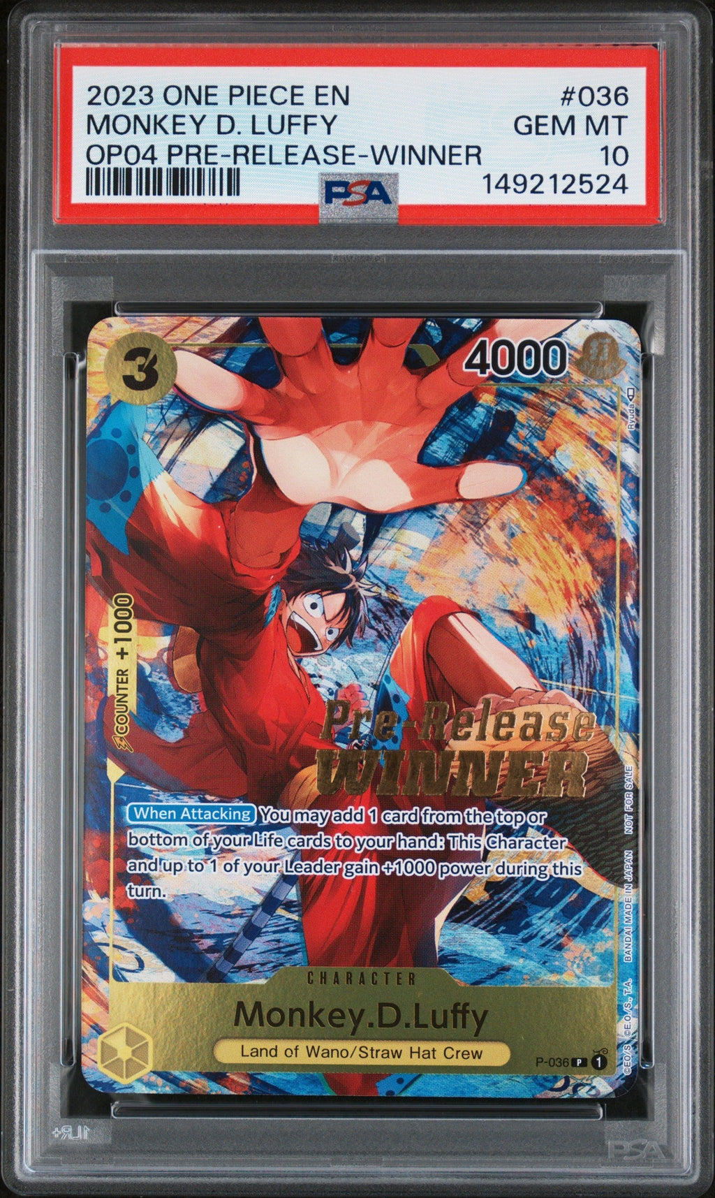 MONKEY D. LUFFY OP04 PRE-RELEASE-WINNER 2023 ONE PIECE PROMOS PSA GEM MT 10