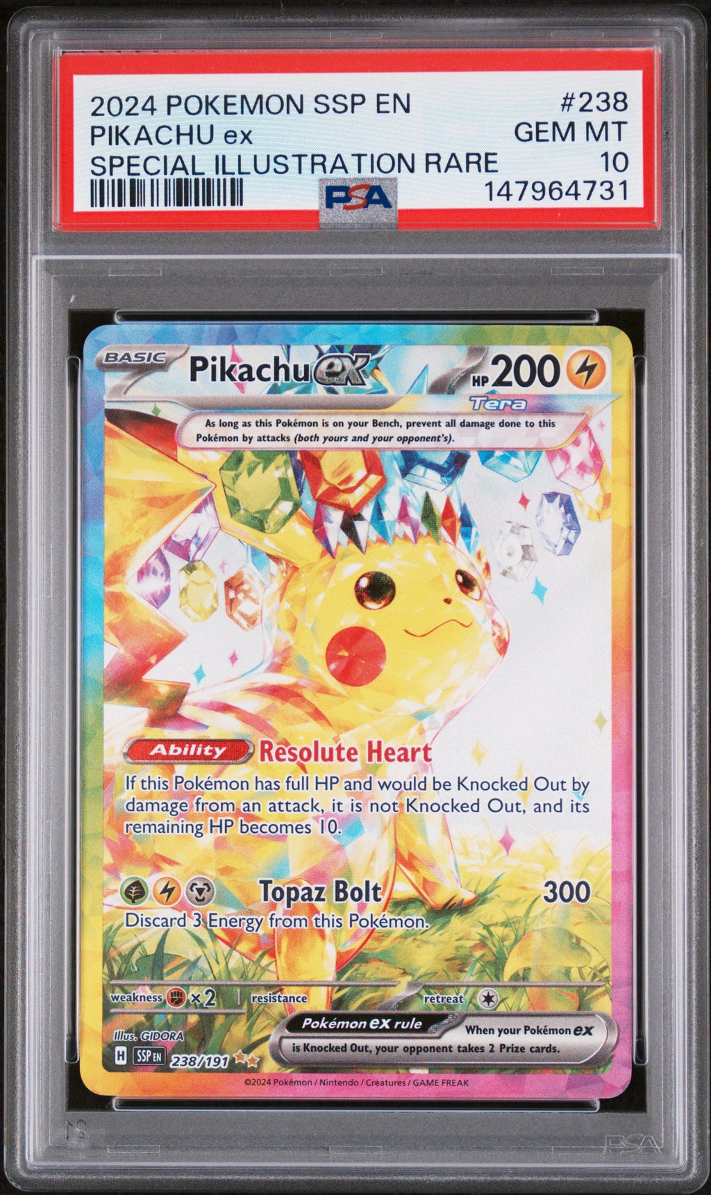 PIKACHU ex SPECIAL ILLUSTRATION RARE 2024 POKEMON SSP EN-SURGING SPARKS PSA GEM MT 10